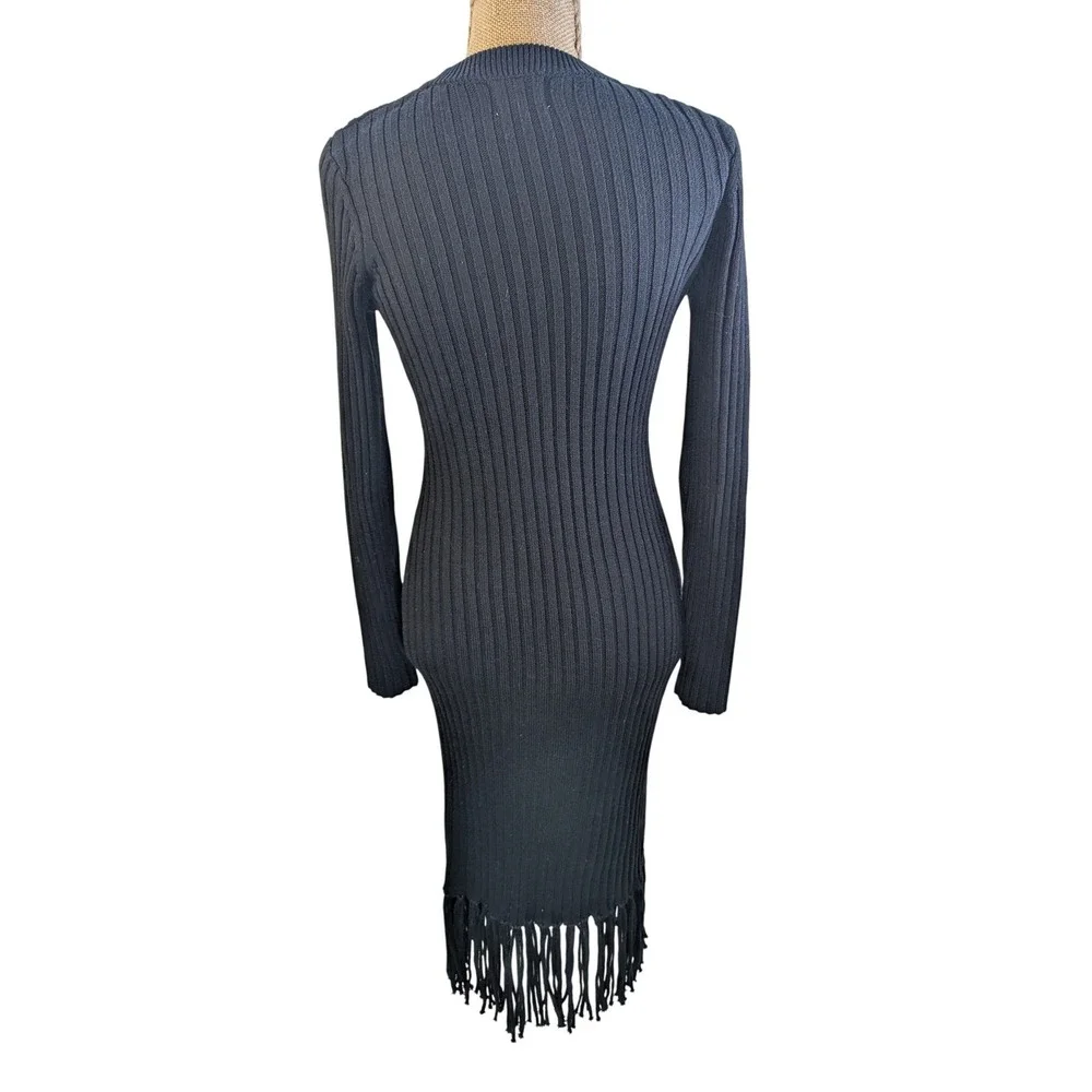 H&M Ribbed Knit Long Sleeve Midi Dress Boho Fringe‎ Bottom Black Whimsygoth  S - Picture 4 of 8
